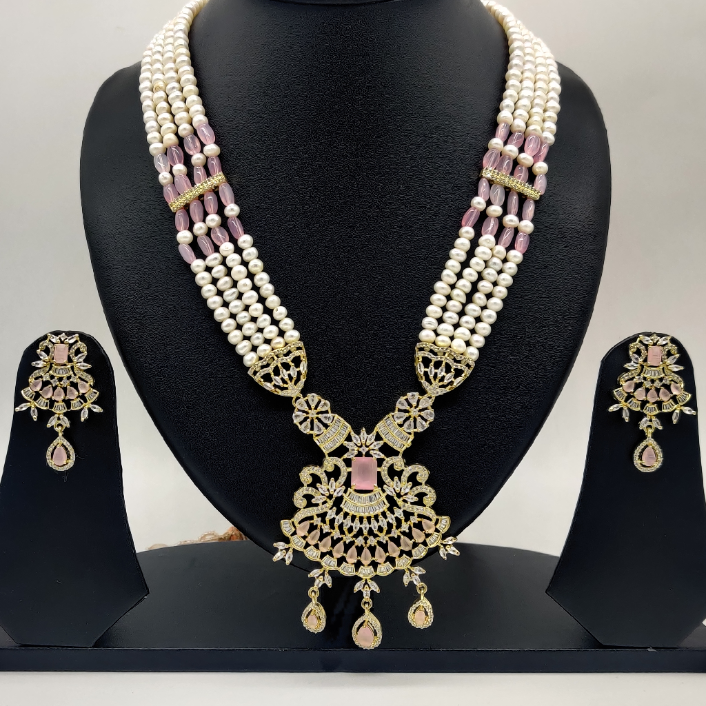 White Pink Cz Ranihaar Set With 4 L...