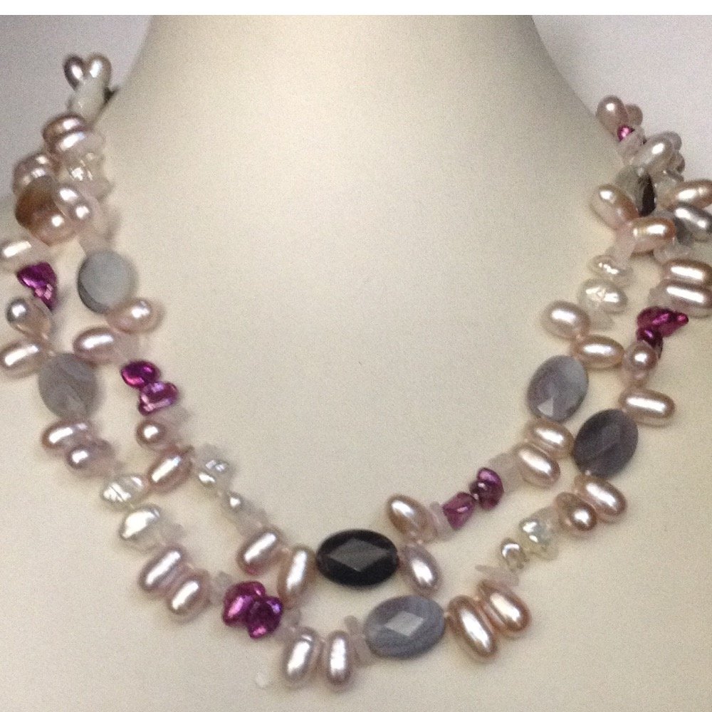Pink Oval Pearls Necklace With Semi...