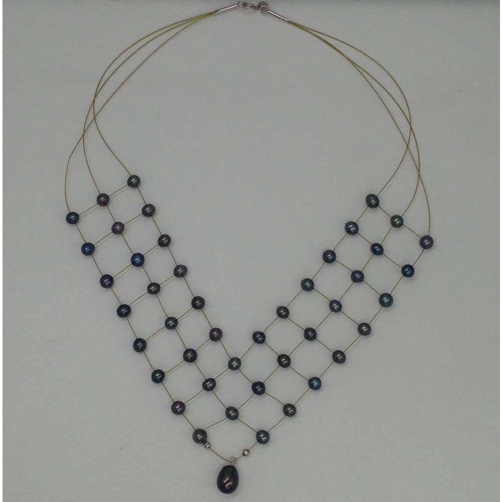 Freshwater Black Potato Pearls 3 Layers Jaali Wire Necklace JPM0261
