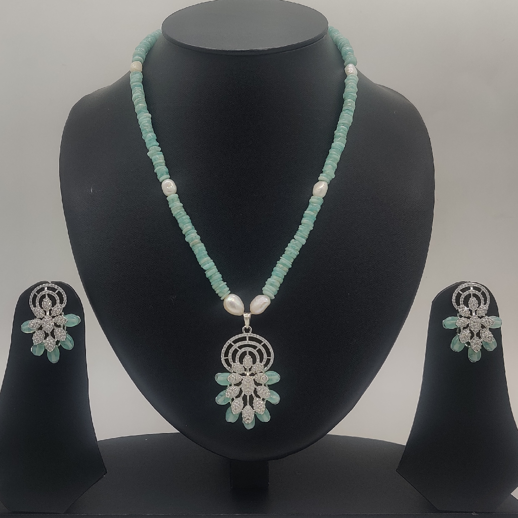 White Cz Pendent Set With Green Sem...