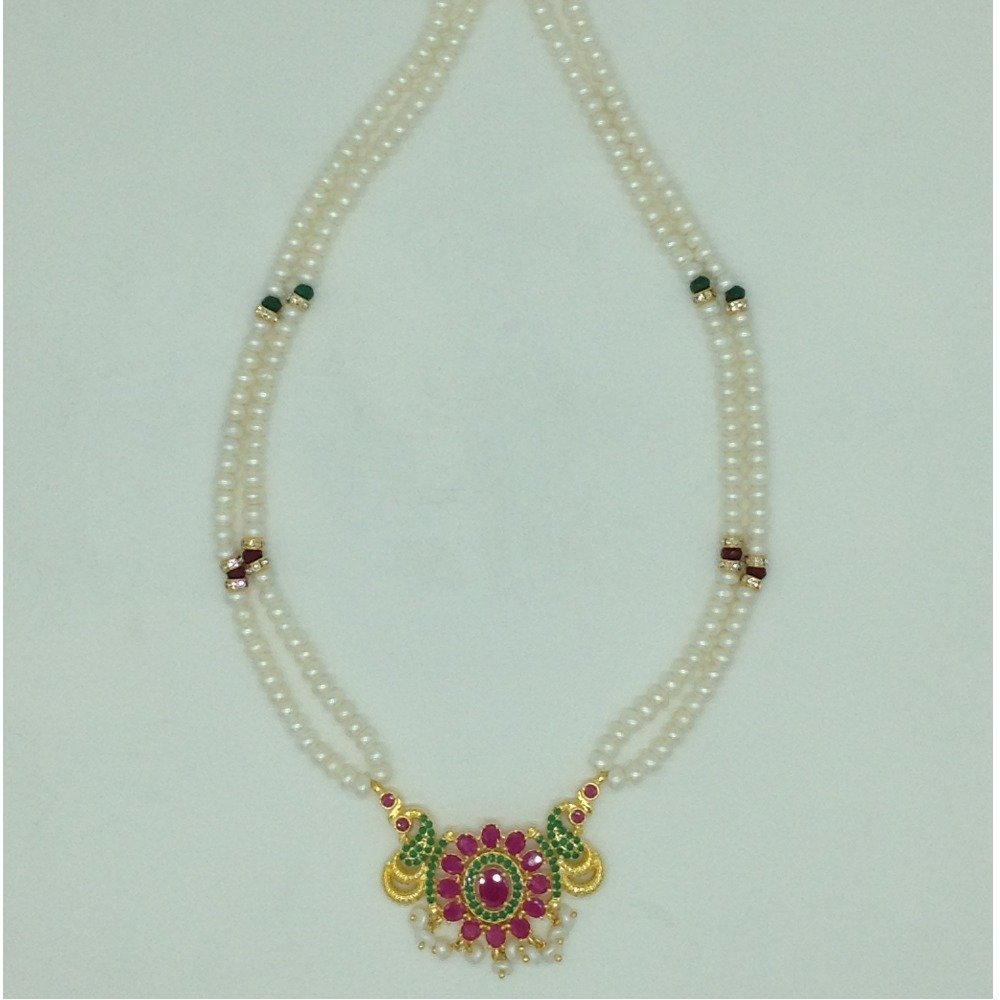 Red,Green Cz Pendent Set With 2 Line White Pearls Mala JPS0814