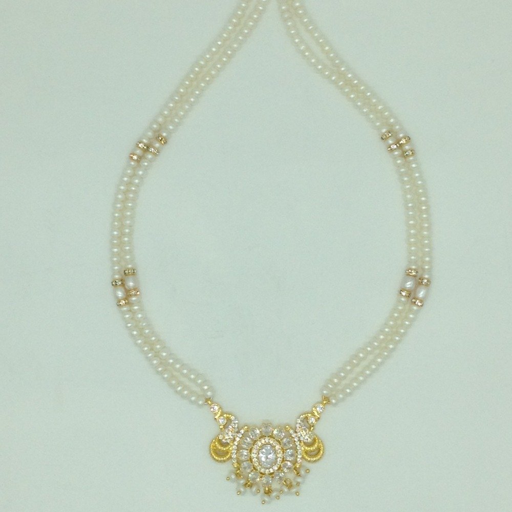 White Cz Pendent Set With 2 Line White Pearls Mala JPS0811