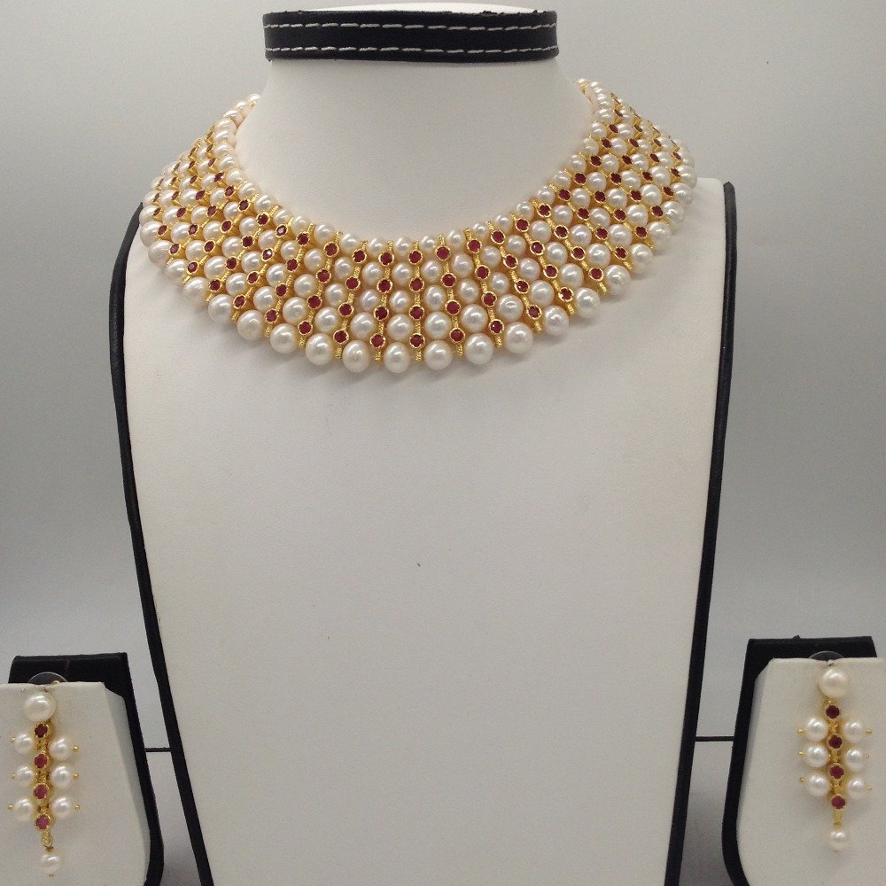White Round Pearls and Red CZ Patti...