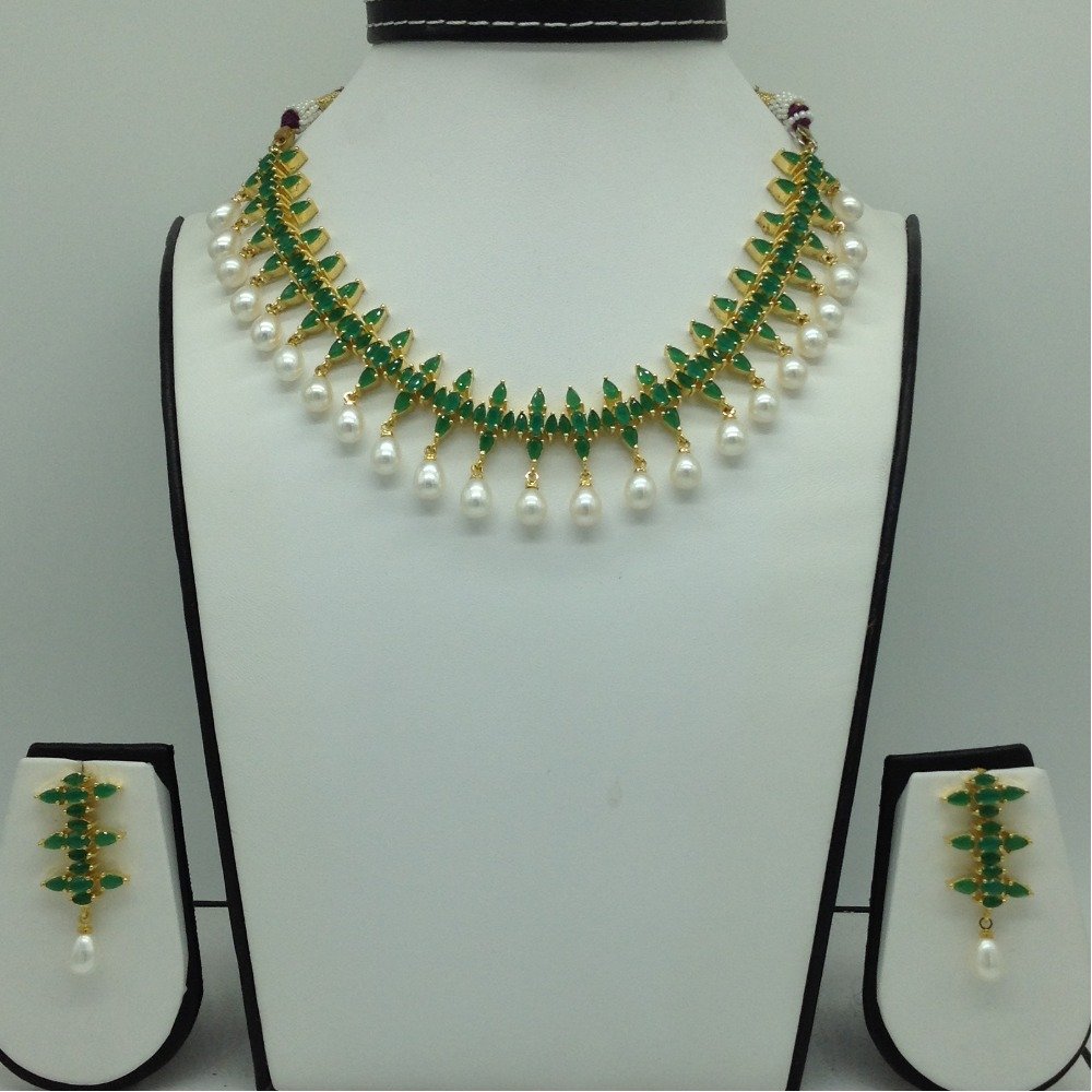 Green Cz and Pearls Necklace Set JN...