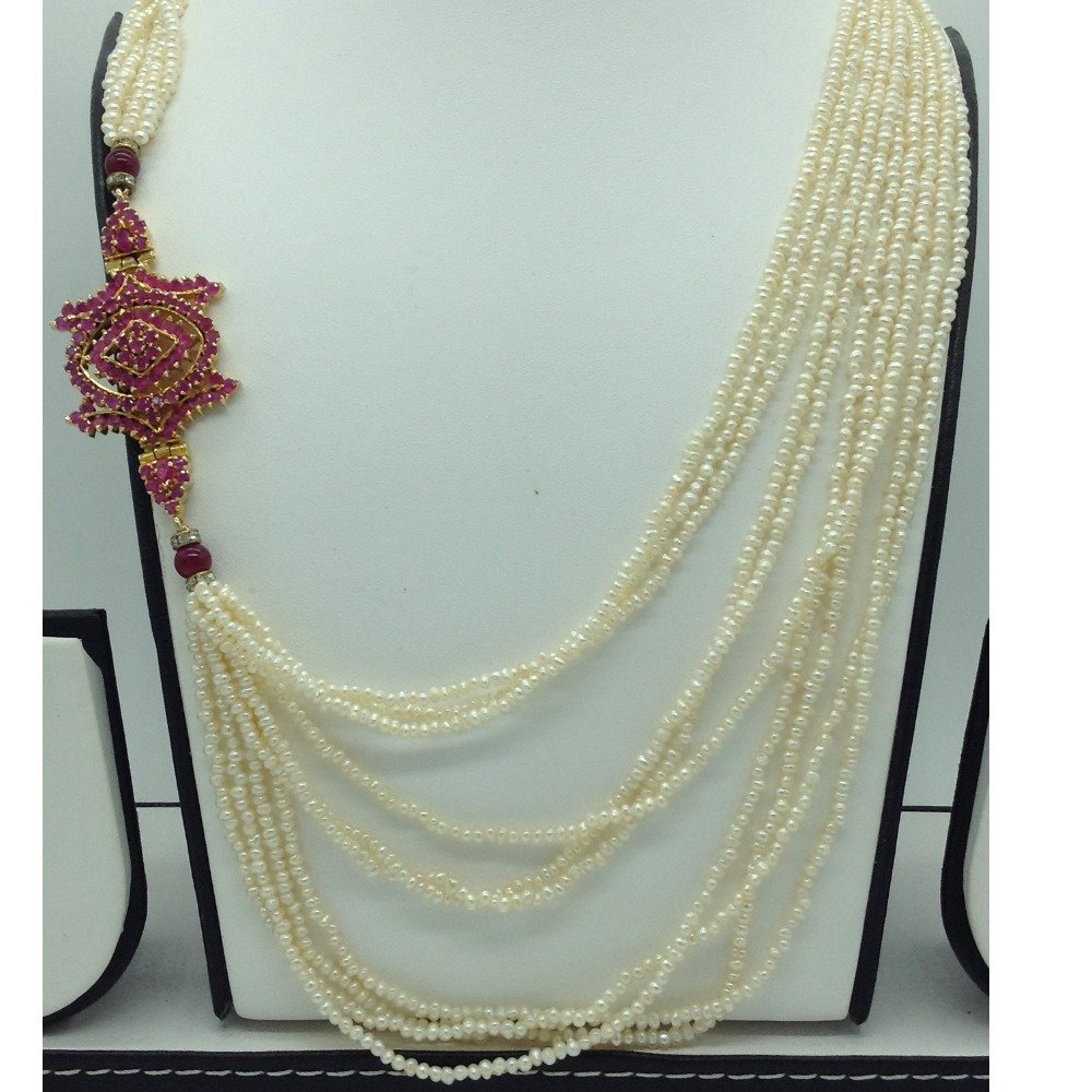 Red CZ Brooch Set With 10 Lines Seed Pearls Mala JPS0553